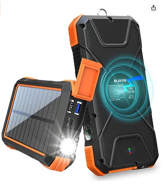 BLAVOR Solar Charger Power Bank 18W, QC 3.0 Portable Wireless Charger 10W/7.5W/5W with 4 Outputs & Dual Inputs, 20000mAh External Battery Pack IPX5 Waterproof with Flashlight & Compass 